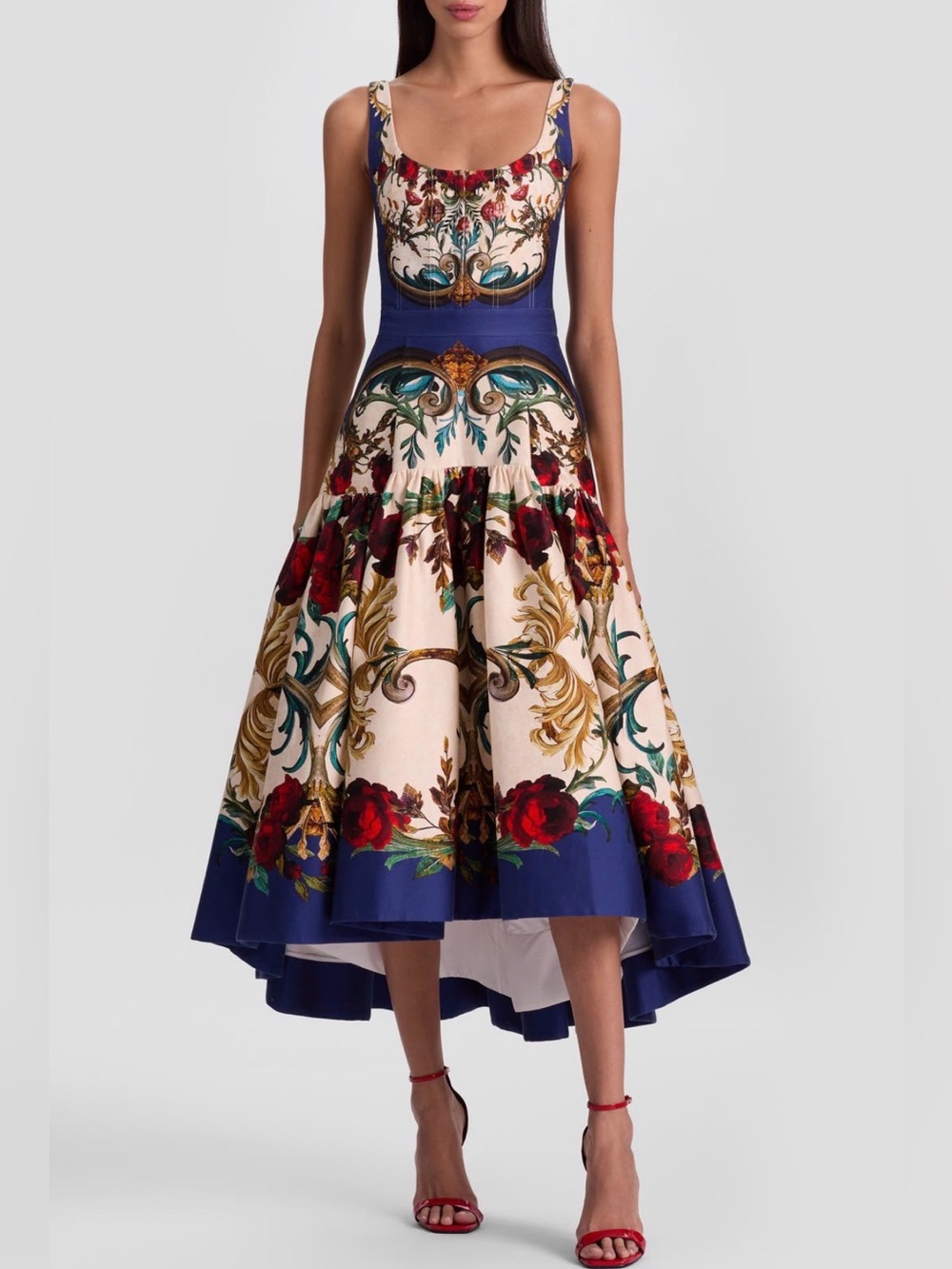 $660 Alice + Olivia Diana Print High-Low Midi Dress GILDED ROSE Size 2 NWT